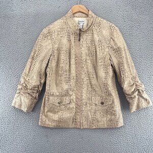 Chicos Jacket Womens 1 US 8 Beige Croc Shimmer Ruched 3/4 Sleeve Zip Up Pockets